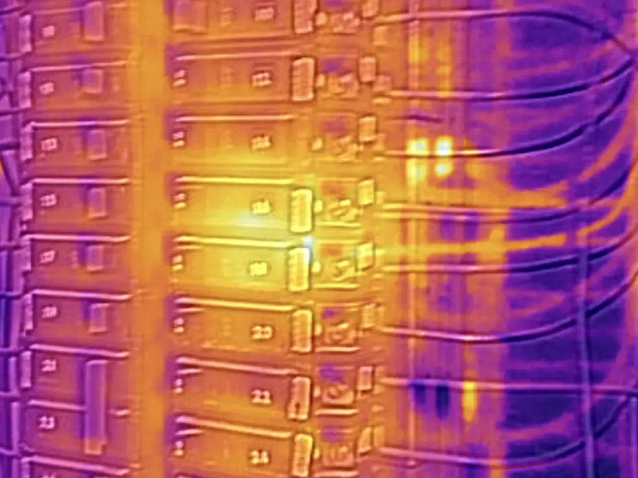 Thermal imaging scan of a breaker panel — overheating breakers glowing hot before failure